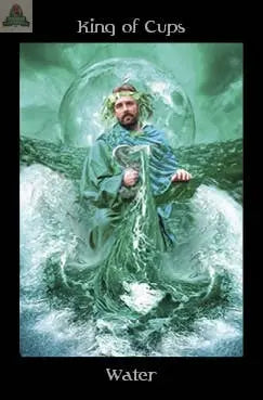 The Pagan Ways Tarot - Adult Book by Pink Platypus Emporium features the King of Cups card: a bearded man in a green robe holding a cup, surrounded by waves and a glowing orb, with “Water” at the bottom.