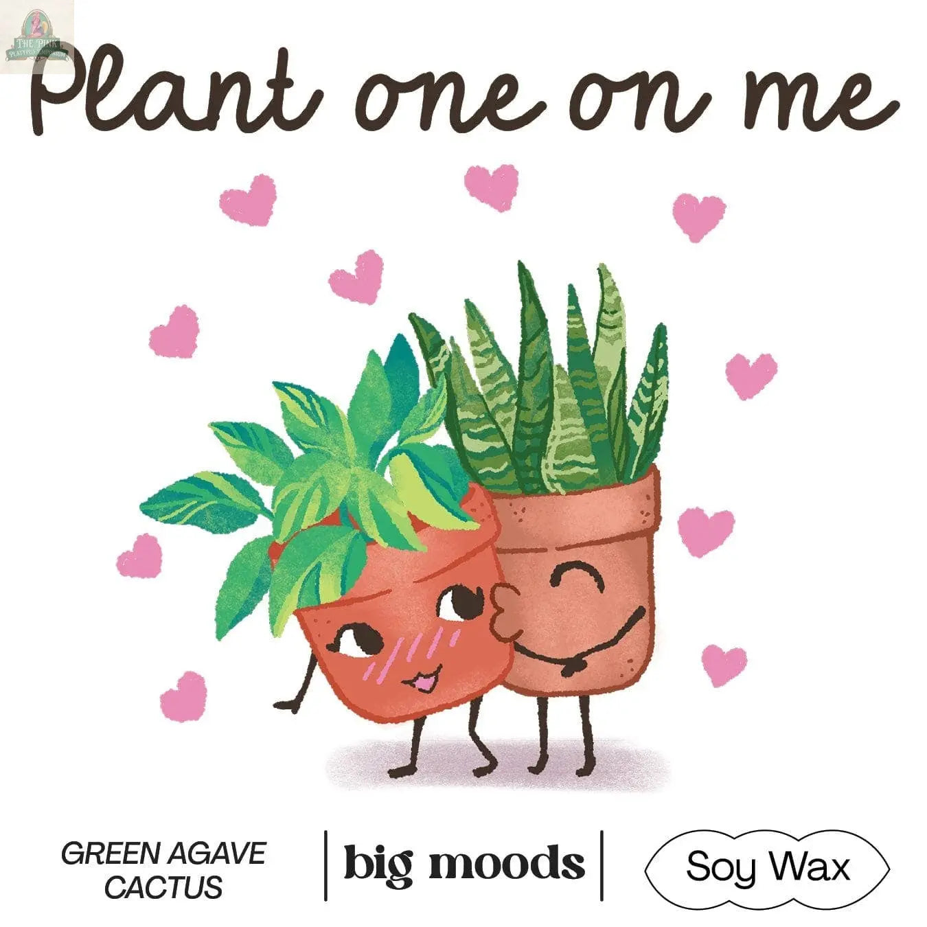 Two smiling potted plants with cartoon faces stand close, surrounded by pink hearts. Text above: "Plant One On Me." Below: Green Agave Cactus, Pink Platypus Emporium, 5oz soy candle—big moods for your space.