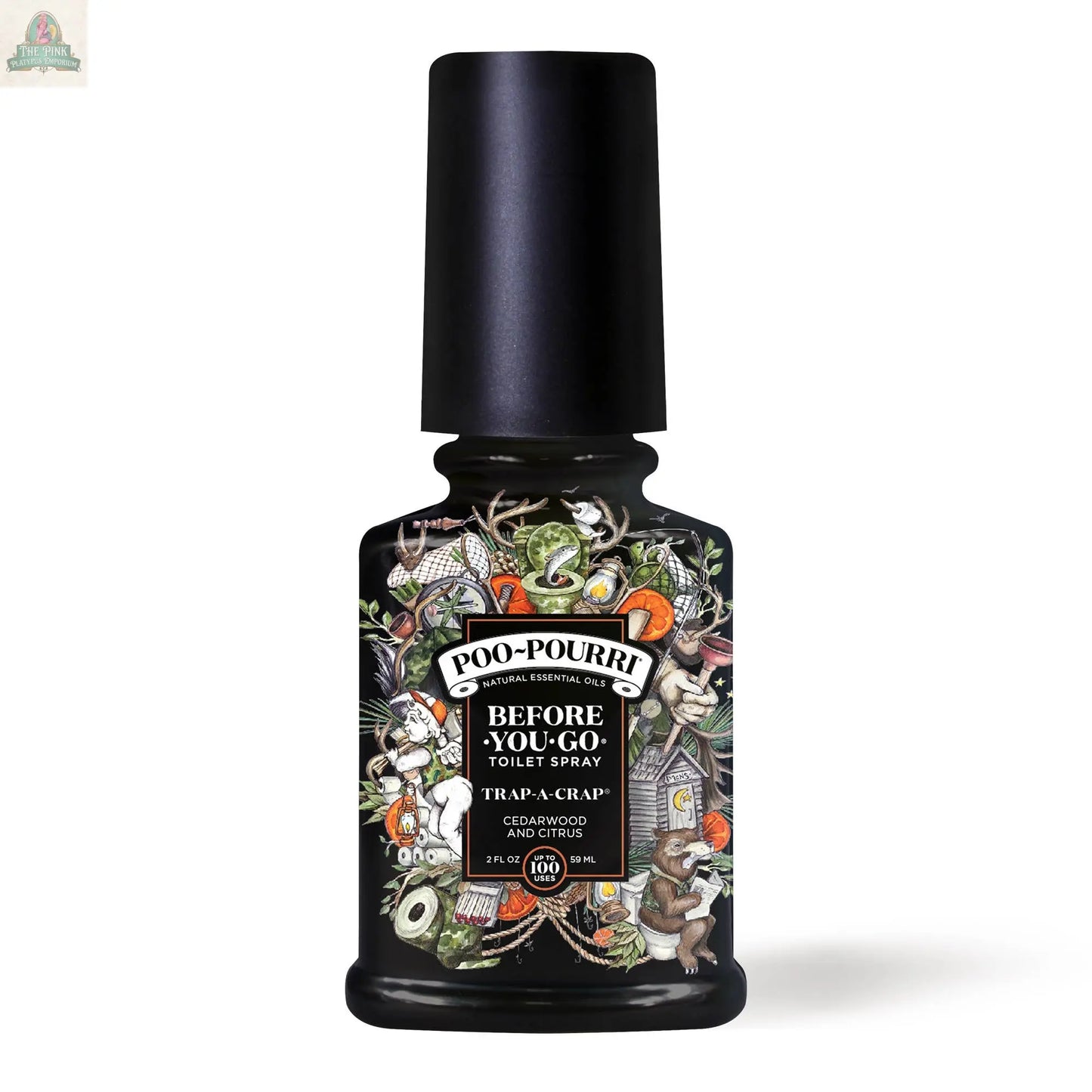 A bottle of Master Crapsman-Poo-Pourri by Pink Platypus Emporium—a fun essential oil toilet spray with a black label, whimsical animal and plant illustrations, and a cedarwood and citrus scent for eliminating bathroom odors.