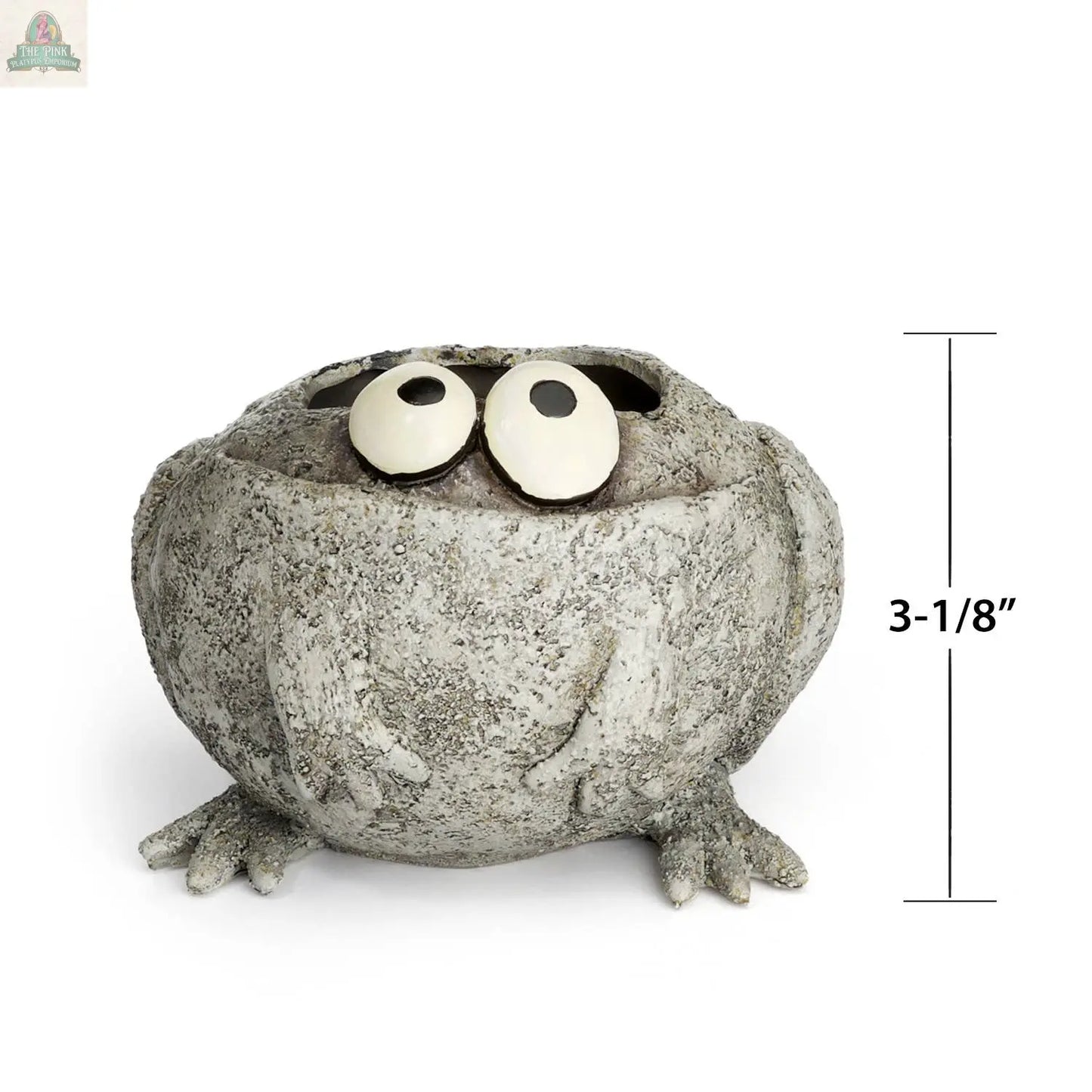 The Romeo or Finneas Mini Frog Blobhouse Planter by Pink Platypus Emporium is a 3-1/8" tall, round, textured planter with big eyes and small feet—ideal for indoor gardens and shown against a white background.