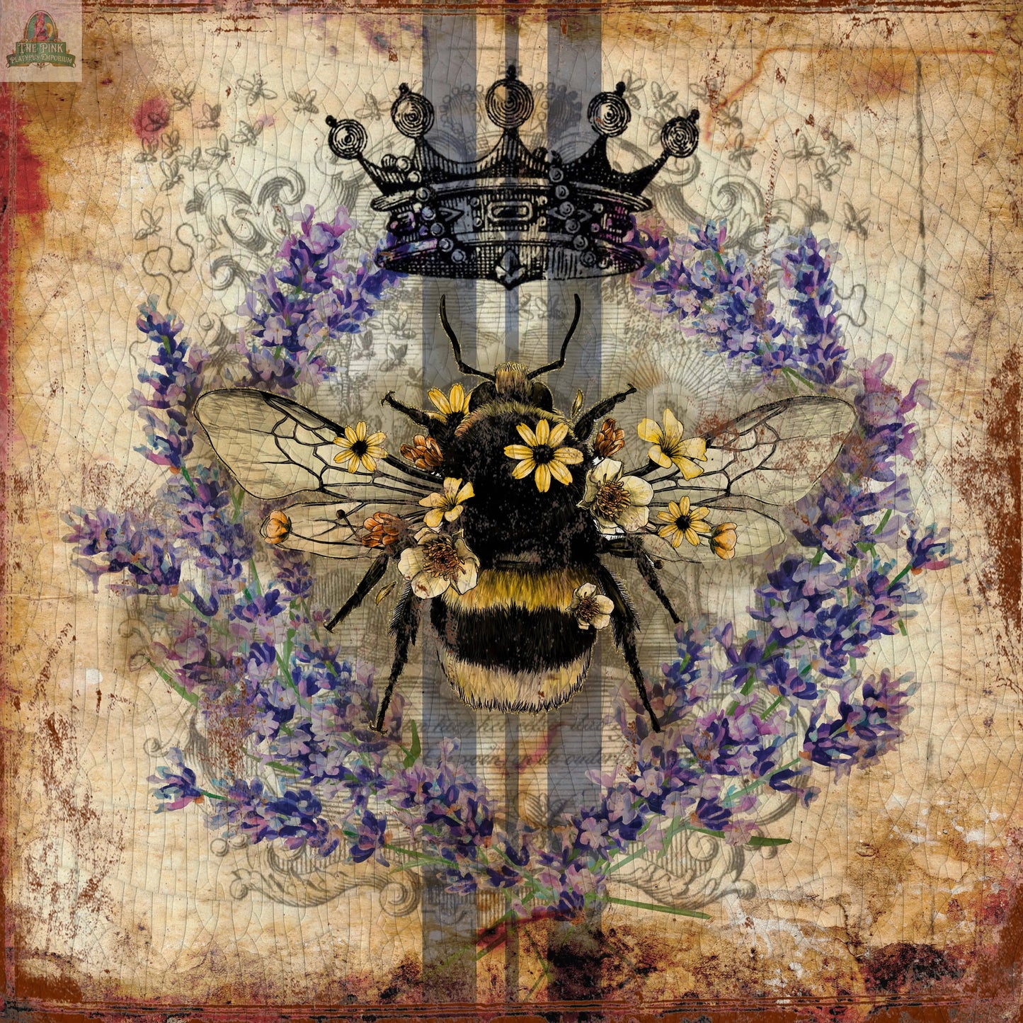 A crowned bee with floral wings and purple blooms adorns this vintage-style large 12" round glass cutting board, perfect as a unique charcuterie accent or trivet.