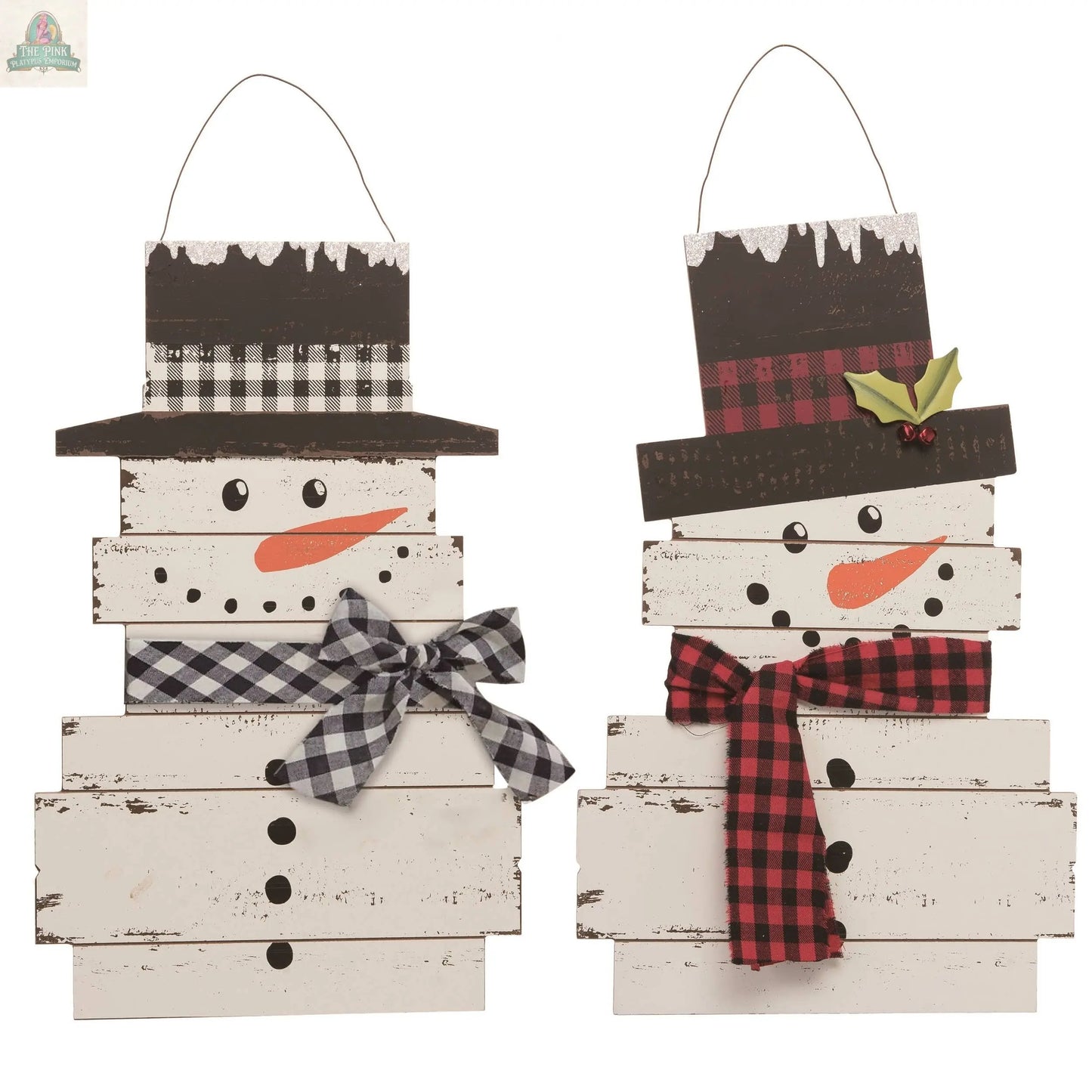 The CLOSEOUT Rustic MDF Snowman Figurines Set of 2 Christmas features two wooden snowmen with plaid scarves, checkered hats, holly accents, and festive patterns—perfect for adding cozy, charming holiday decor to your home.