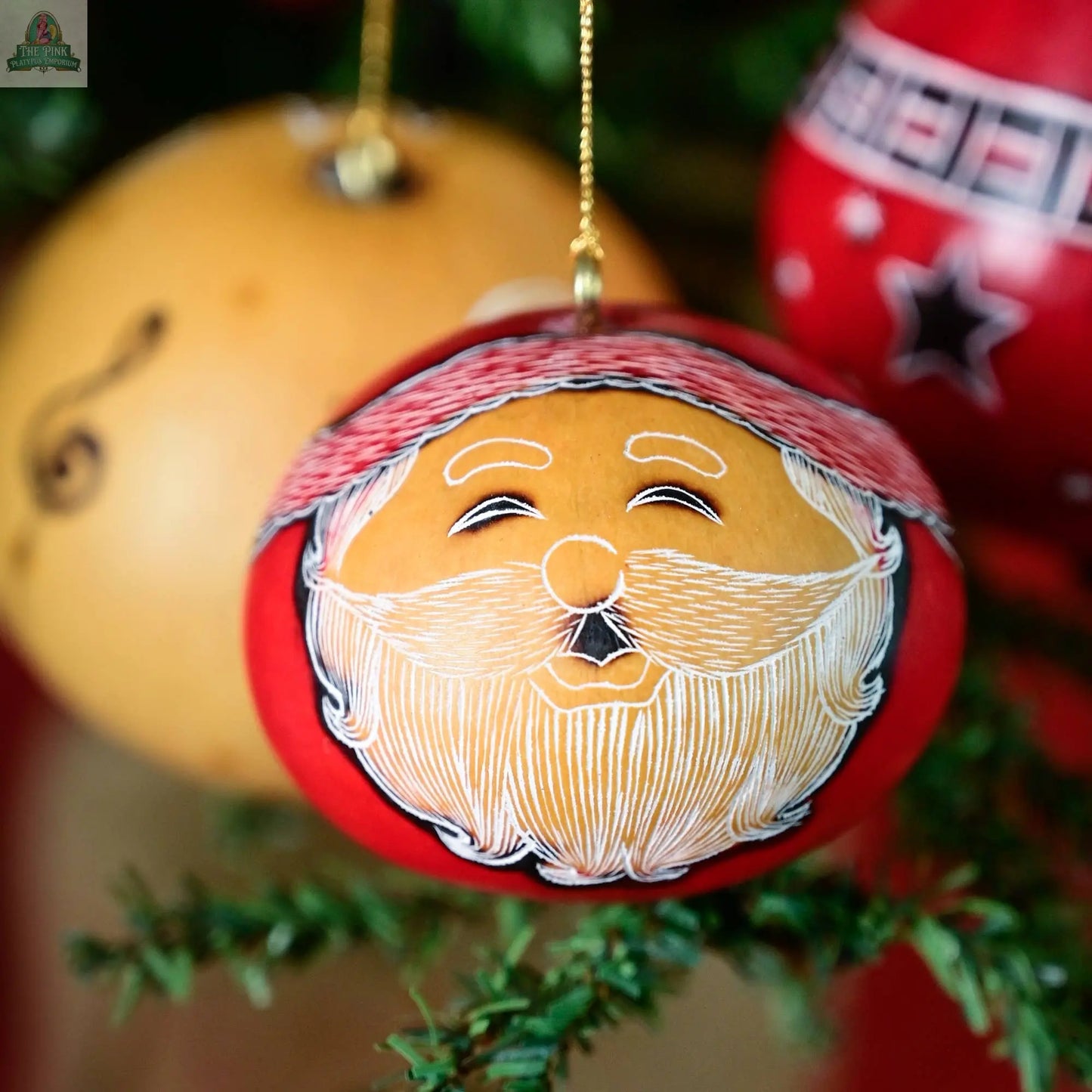 Santa Smile - Mini Gourd Ornament - Natural Holiday Pink Platypus Emporium