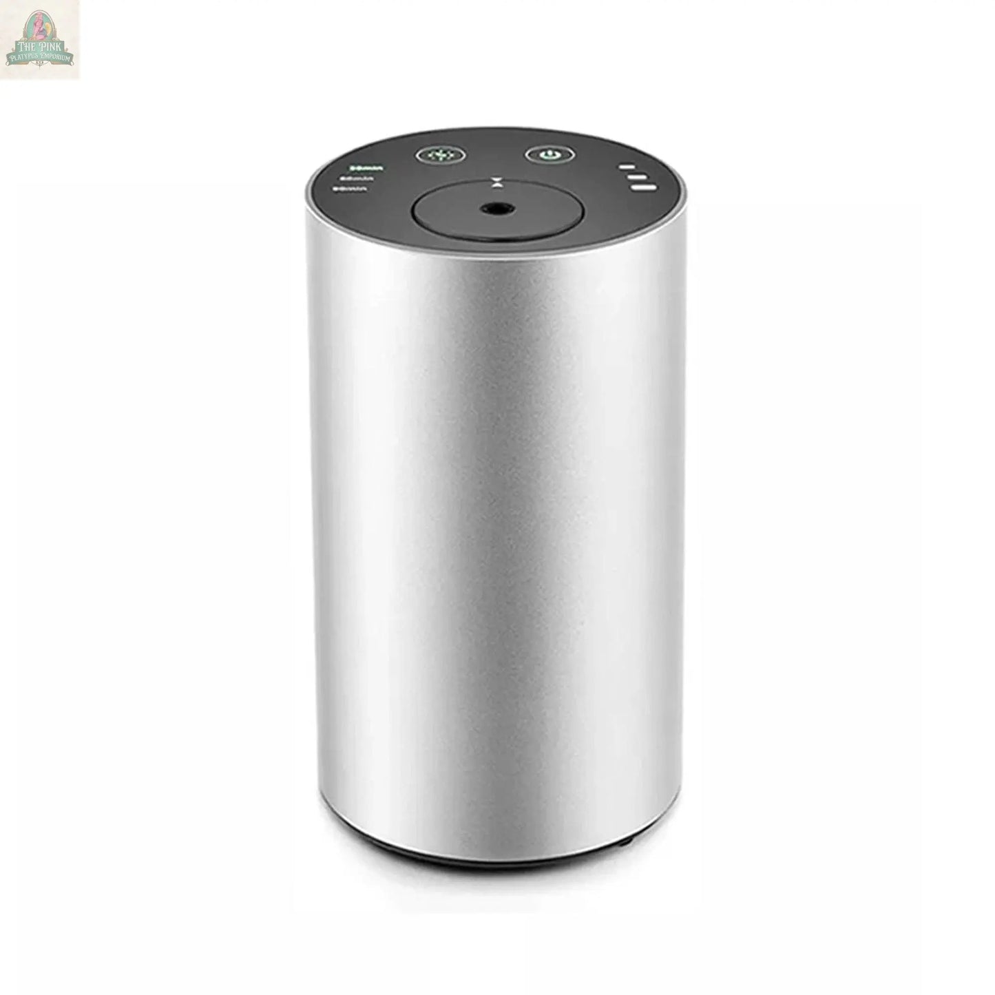 The Pink Platypus Emporium Scentiment Mini Scent Diffuser Black is a sleek, cylindrical device with a metallic silver body and black top, featuring buttons and indicator lights, using advanced cold-air diffusion technology against a white background.
