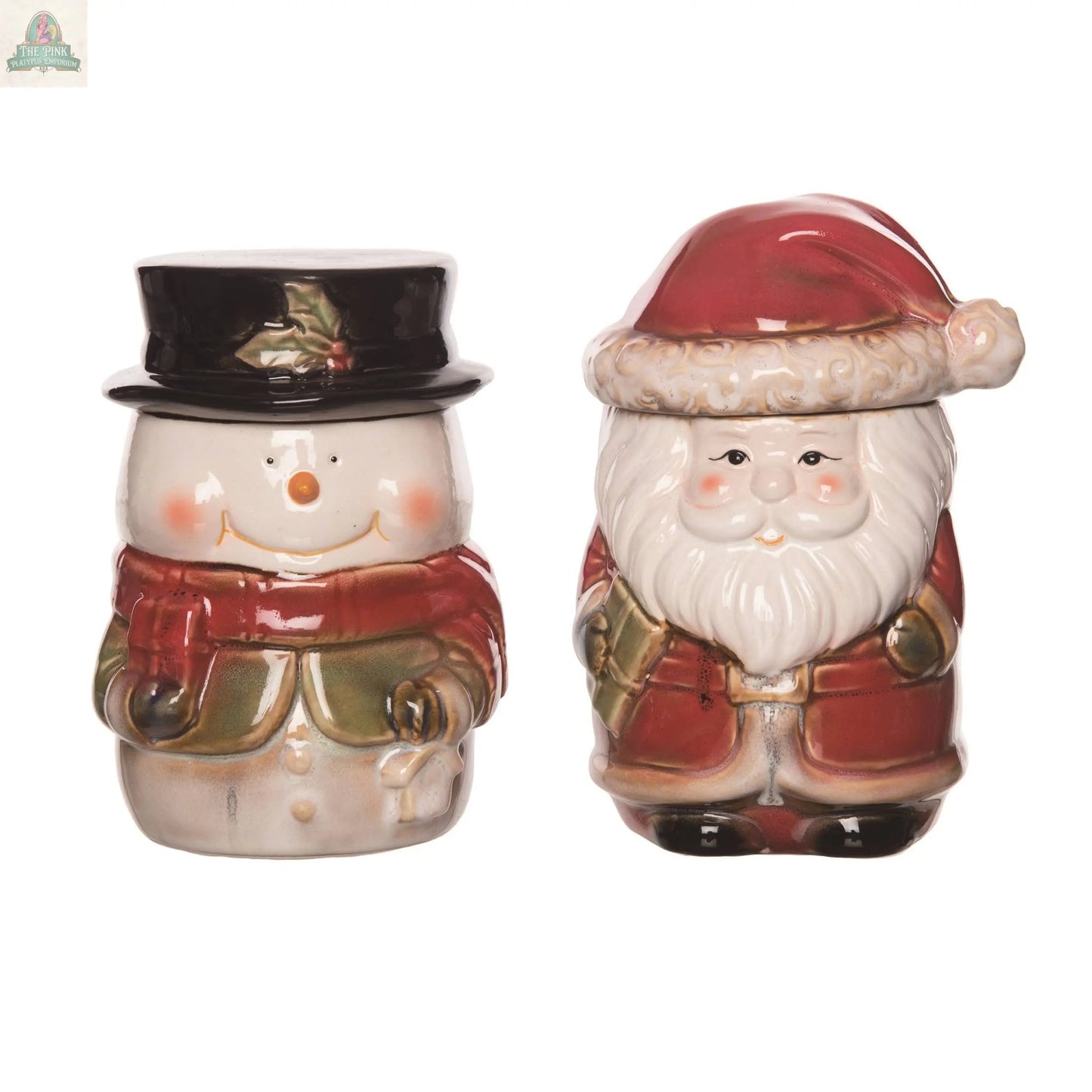 The Squatty Santa/Snowman Jar is a set of two festive ceramic containers shaped like Santa and a snowman—ideal wholesale seasonal decor accents for your home or garden.