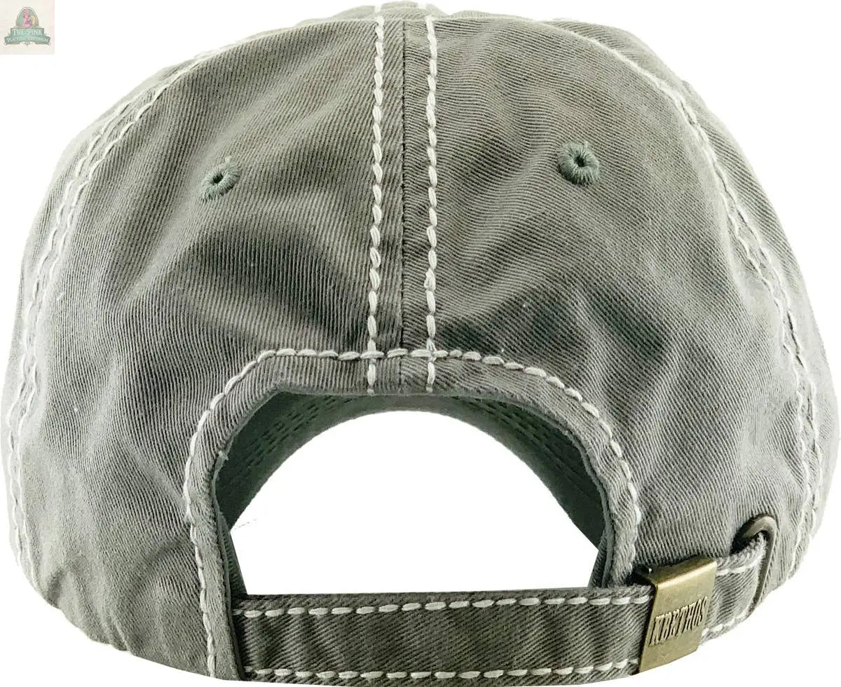 Back view of the Pink Platypus Emporium TACOS AND CERVEZAS Vintage Ballcap: MOS, with white stitching, an open adjustable strap, and metal clasp. The gray fabric has a worn look—ideal for any food-themed cap collection.