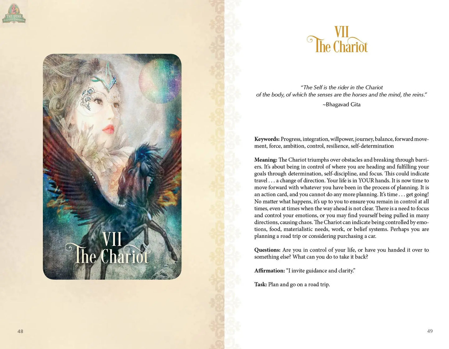 A two-page spread from The Tarot of Enchanted Dreams by REDFeather: VII The Chariot with a determined, feather-helmed figure on the left, and card meanings, guidance, and reflection questions on the right.