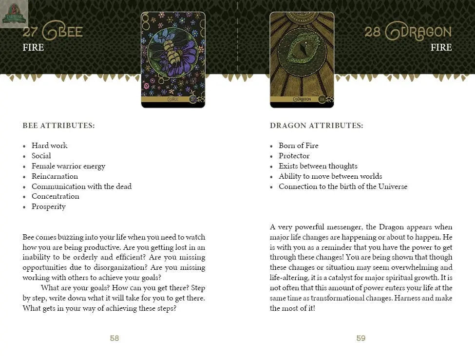 Two illustrated cards—27 Bee and 28 Dragon—from The Wild Elemental Oracle by pink platypus emporium feature FIRE elements. Each card highlights animal wisdom traits like hard work and transformation, with text explaining their meanings.