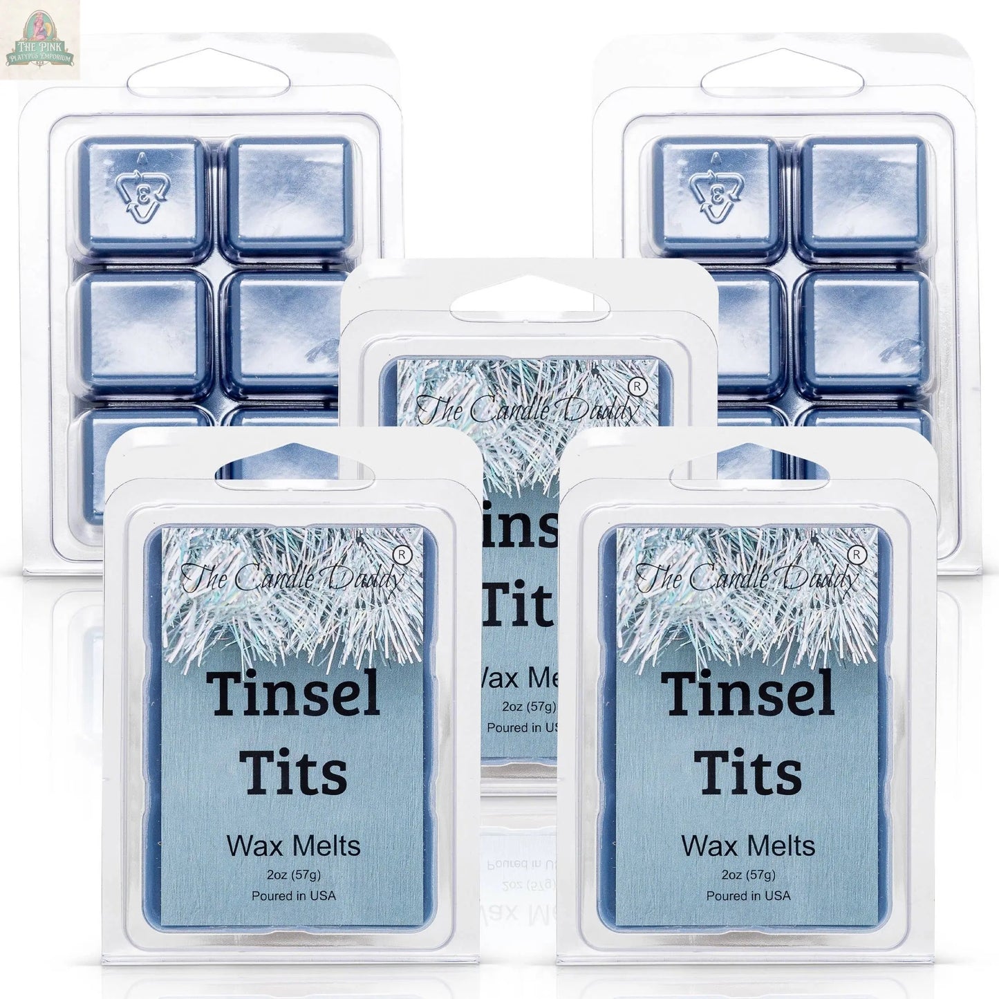 Five packs of Tinsel Tits - Mountain Top Tease Scented Melt (Maximum Scent, 1 Pack each) are arranged together. The metallic blue wax cubes offer a dazzling aroma, with silver tinsel design on the packaging—perfect for strong scent lovers.