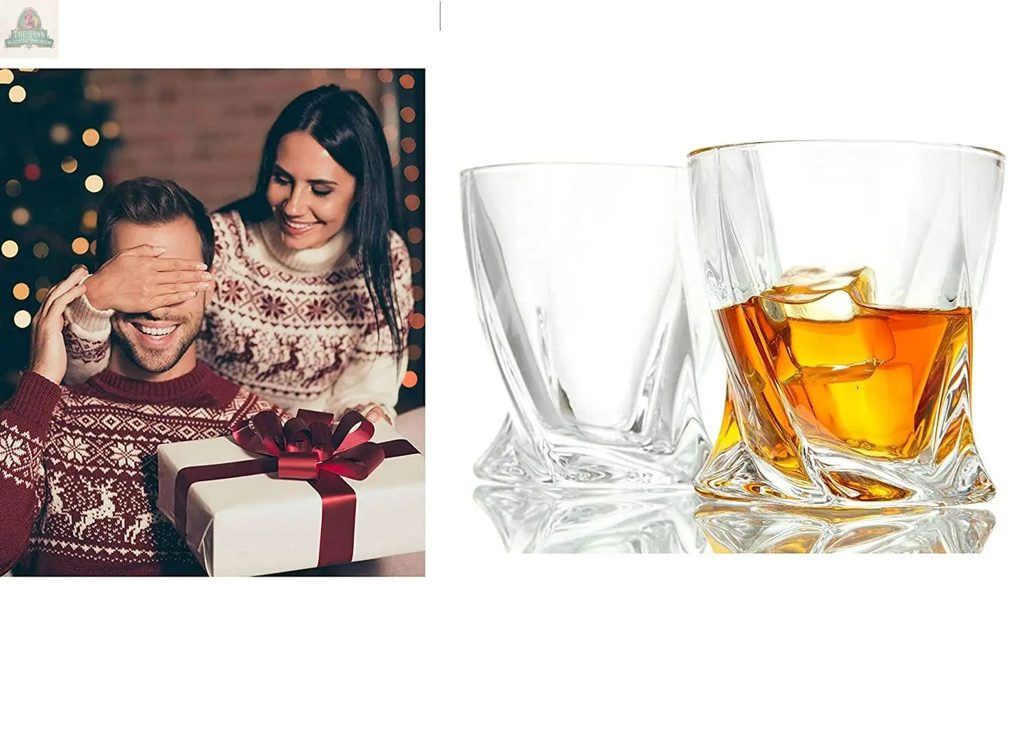 A woman in a festive sweater surprises a smiling man with a gift box tied with a red bow. Beside them, the Pink Platypus Emporium Old Fashioned Whiskey Glasses Set 6 sparkles—one glass empty, the other filled with whiskey and ice.