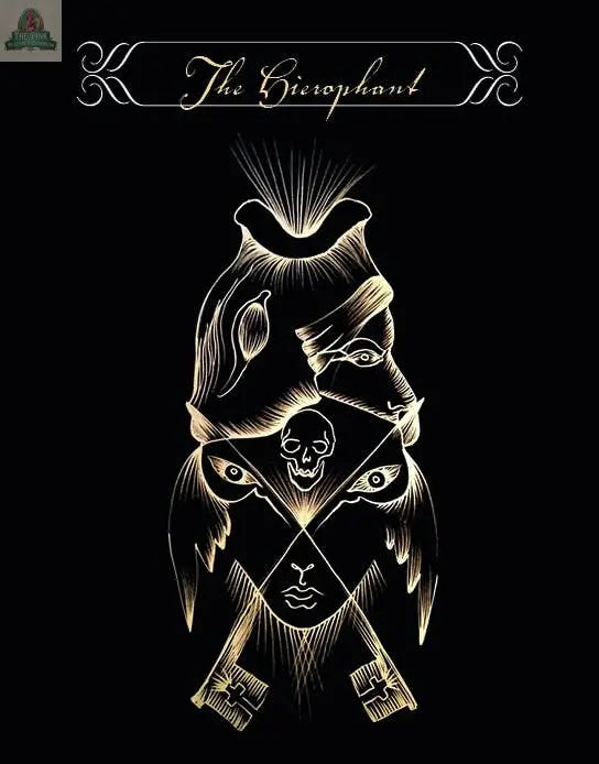 Golden line art of The Hierophant tarot card from the White Witch Tarot by Pink Platypus Emporium, with abstract faces, a skull, and crossed keys on black. Ornate borders and handwriting complete this signature Major Arcana alchemy design.