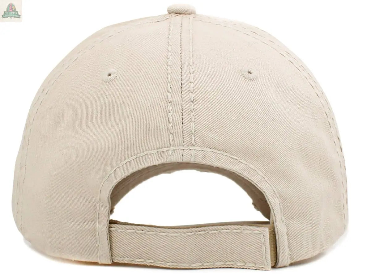 The Wine Not Washed Vintage Ballcap: MAR by Pink Platypus Emporium is a beige cap seen from the back, featuring a Velcro fabric strap for size adjustment and visible seam stitching—a timeless choice for premium hat enthusiasts.