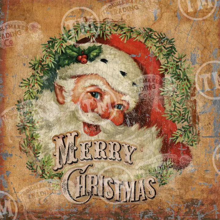 Vintage-style illustration of Santa Claus with a wreath and 'Merry Christmas' text on a textured background.
