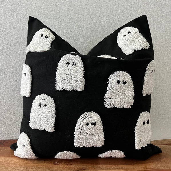 Tufted Ghost or Bat Halloween Pillow Cover – 20x20 Black & White Spooky Decor