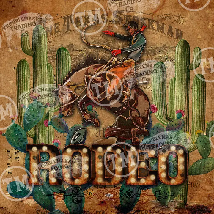 Vintage-style illustration of a rodeo scene with a cowboy on a bucking bronco, surrounded by cacti and the word 'Rodeo'.