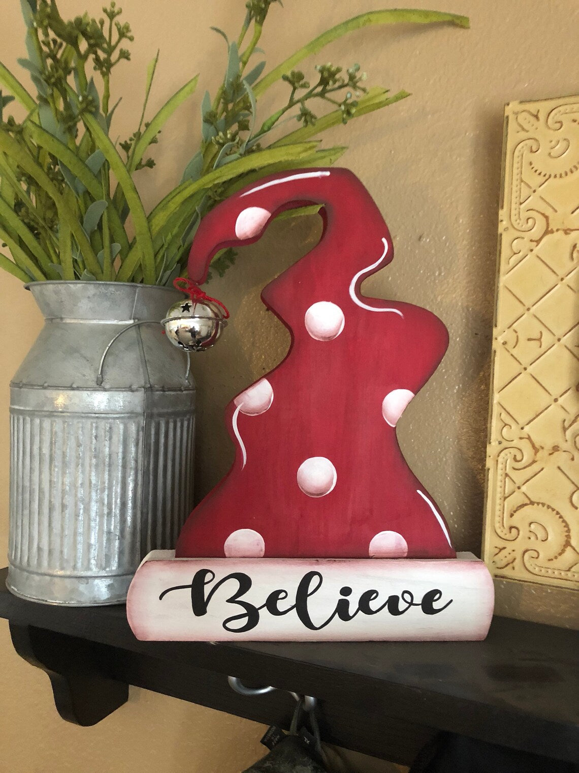 Hand Painted Wooden Santa Hat Christmas Decor | Rustic Believe Mantel & Tabletop Decoration
