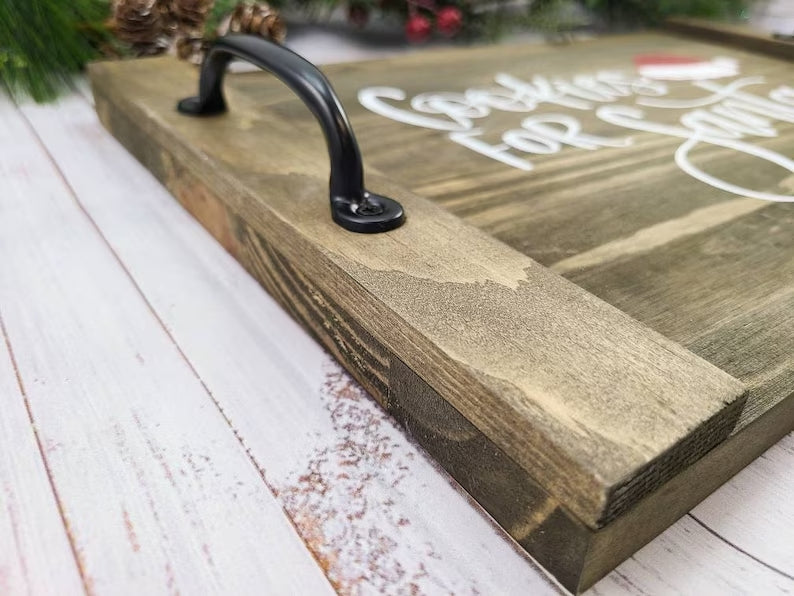 Cookies for Santa Wooden Tray | Christmas Eve Milk & Cookie Serving Tray with Handles