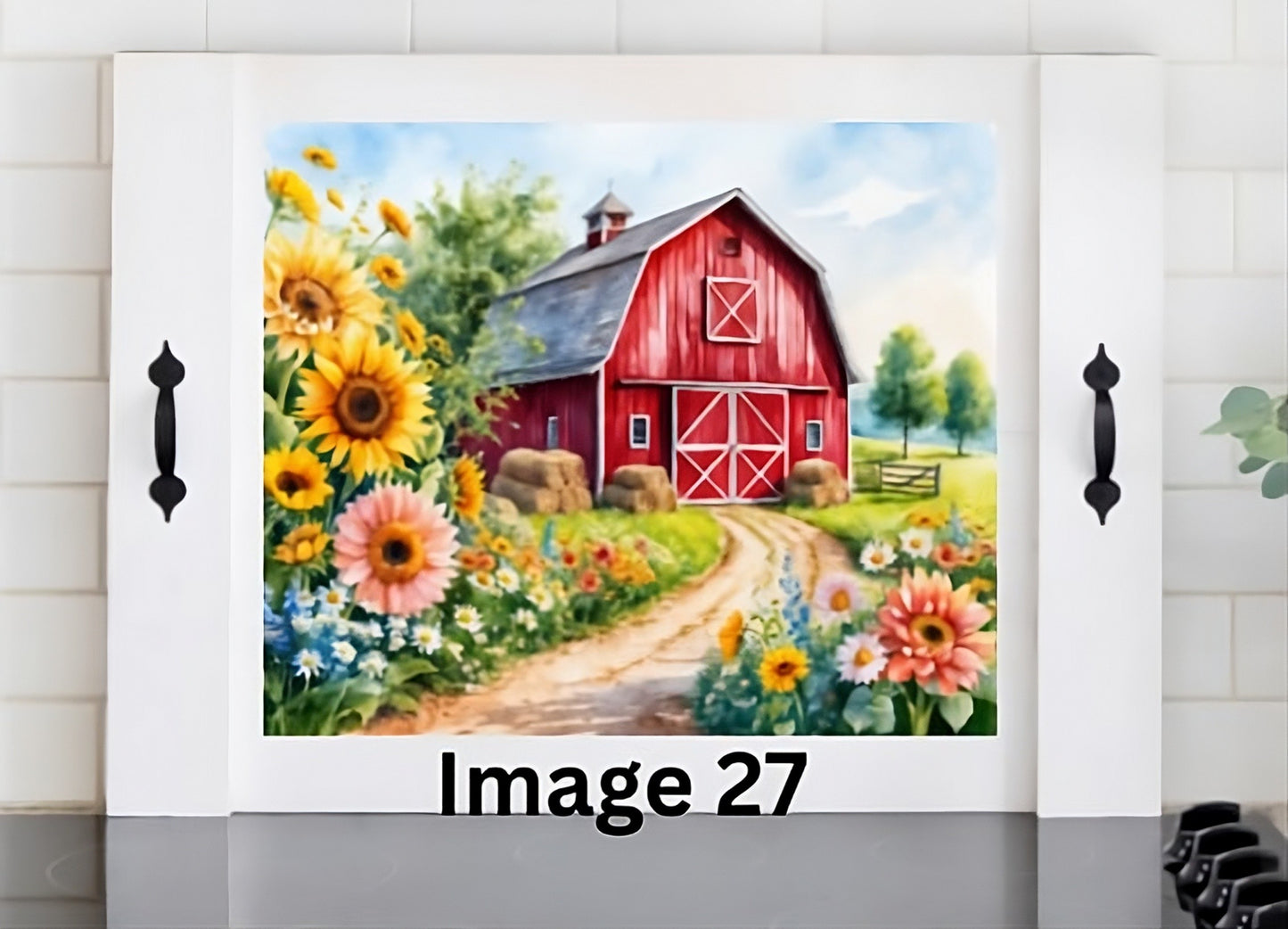 Red barn wooden stove cover with yellow sunflowers and colorful wildflowers, farmhouse noodle board for rustic country kitchen decor.