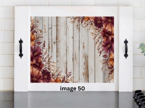 Pink Platypus Emporium fall floral stove cover with burgundy and burnt orange flowers on distressed white wood farmhouse design.