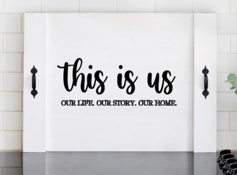Pink Platypus Emporium This Is Us stove cover with Our Life Our Story Our Home quote on a solid wood farmhouse noodle board.