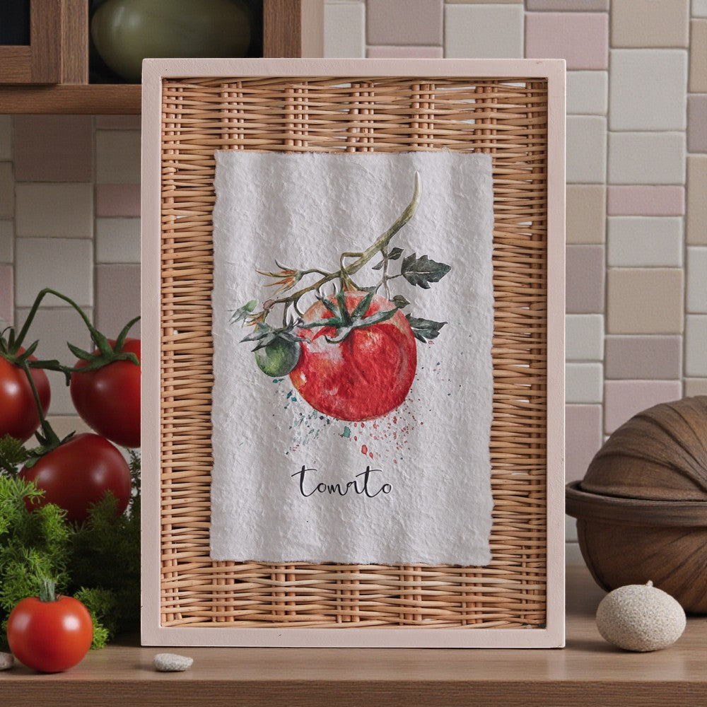 Framed towel with tomato design on a wooden shelf-pink platypus emporium