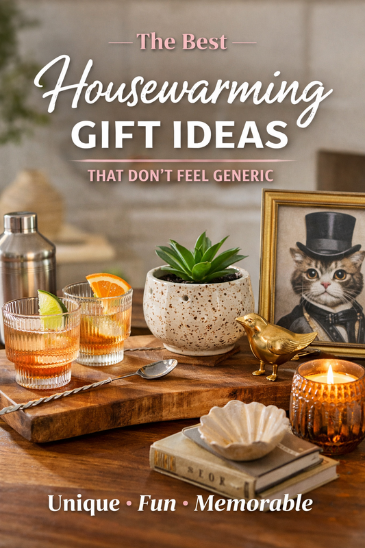 Housewarming gift ideas featuring unique barware, quirky wall art, decorative planter, candle, and stylish home decor accessories displayed on a wooden table