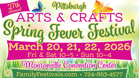 Banner for the Pittsburgh Arts & Crafts Spring Fever Festival at Monroeville Convention Center March 20–22, 2026 featuring local vendors including Pink Platypus Emporium