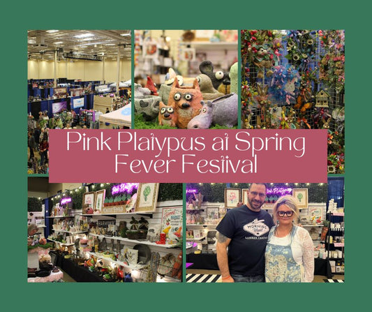 Pink Platypus Emporium booth at Pittsburgh Arts and Crafts Spring Fever Festival in Monroeville Convention Center with spring decor, handmade items, and vendor displays