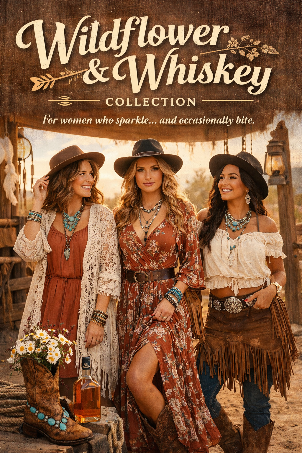 This image shows three women in western boho outfits with fringe skirts, lace dusters, hats and boots in a rustic setting.