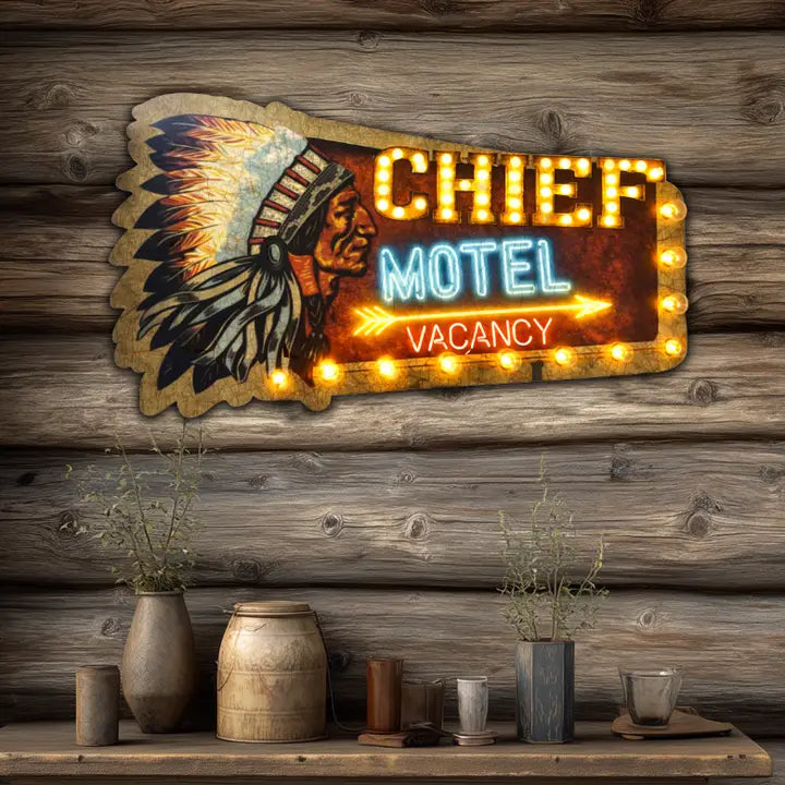 Neon sign with Chief Motel logo on a wooden wall