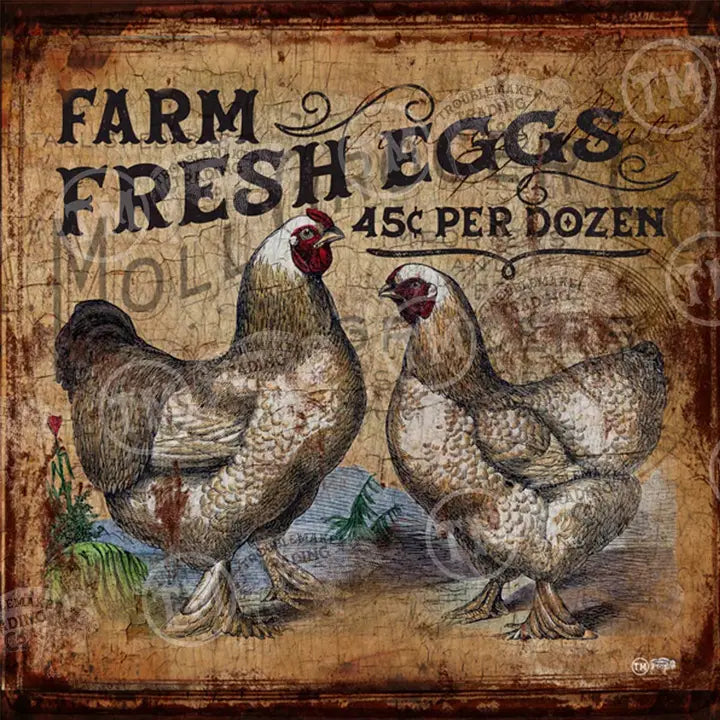 Vintage-style sign with chickens and 'Farm Fresh Eggs' text on a rustic background