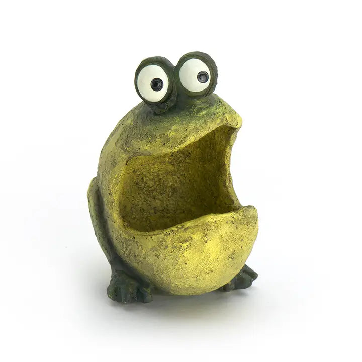 Frog-shaped planter with a surprised expression on a white background