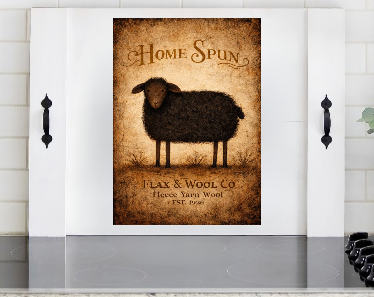 Primitive black sheep wooden stove cover with vintage homespun design for rustic country farmhouse kitchen decor