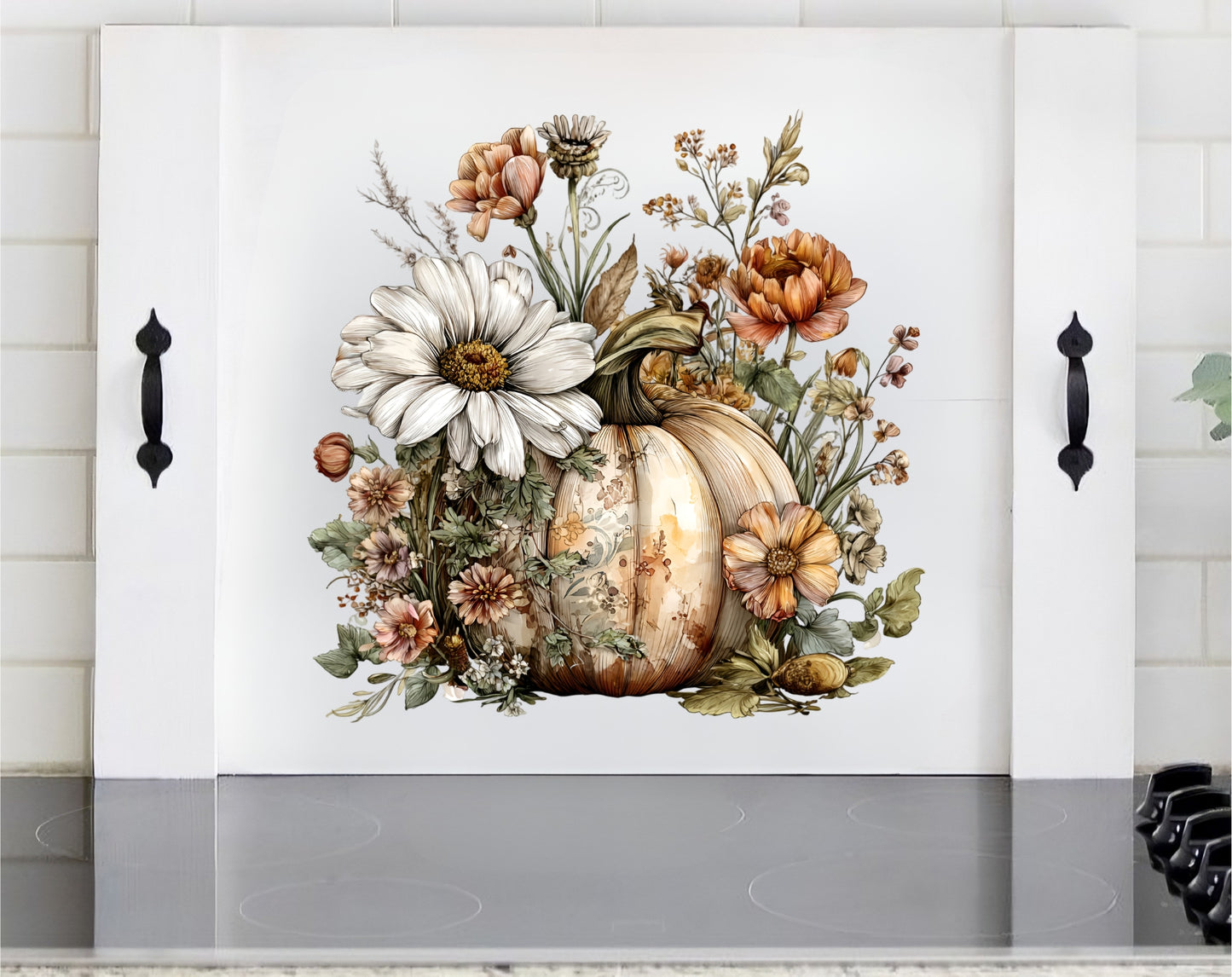 Pumpkin wooden stove cover with cream rust flowers and botanical greenery for fall farmhouse and Thanksgiving kitchen decor