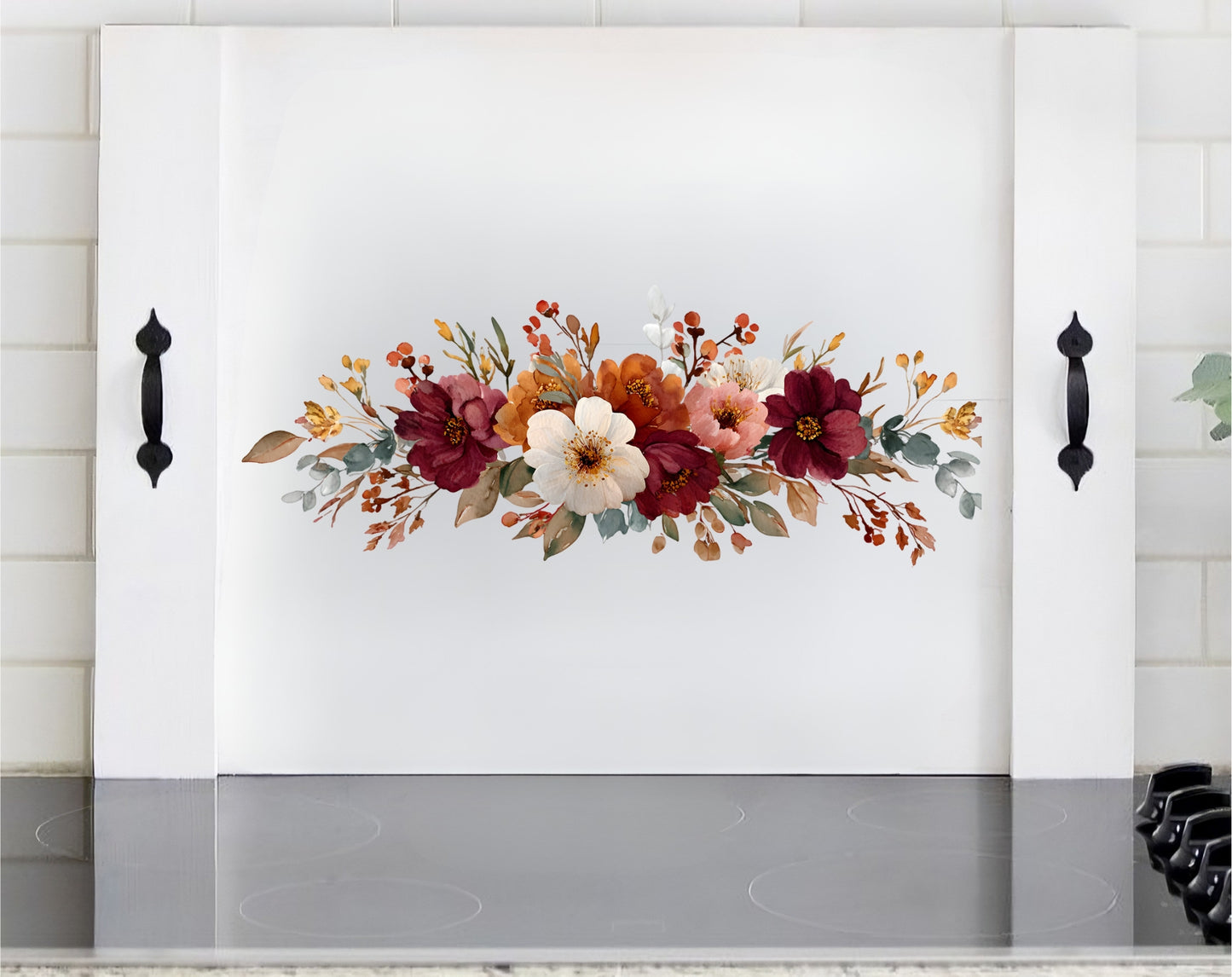 Fall floral wooden stove cover noodle board with burgundy orange and cream flowers for farmhouse autumn kitchen decor

