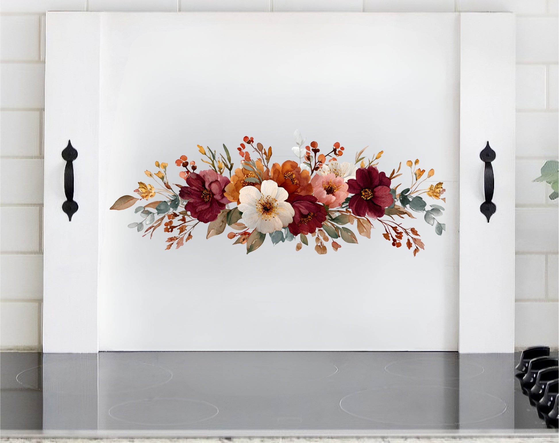 Fall floral wooden stove cover noodle board with burgundy orange and cream flowers for farmhouse autumn kitchen decor

