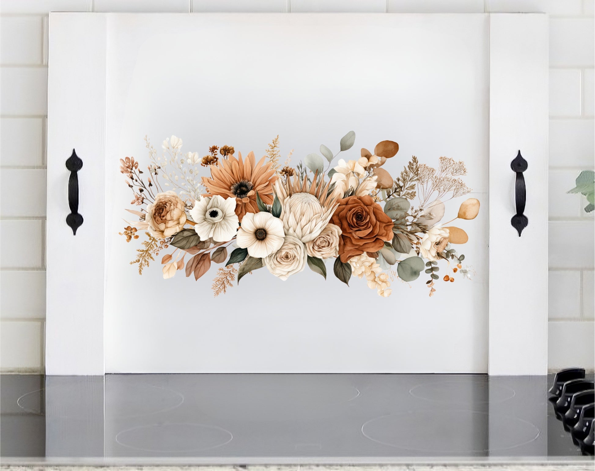 Neutral floral wooden stove cover noodle board with cream rust and beige flowers for farmhouse kitchen decor