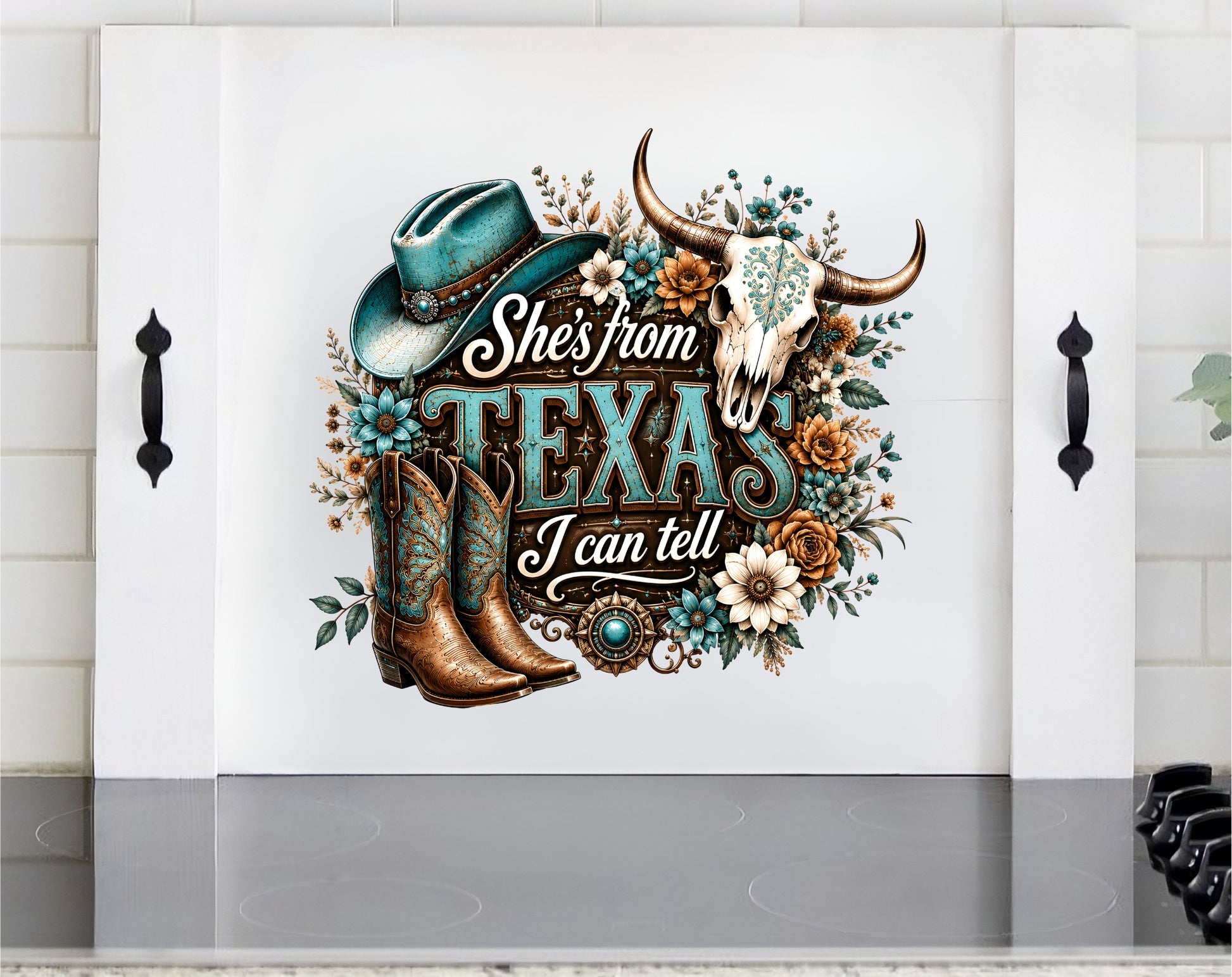 Texas western wooden stove cover noodle board with turquoise cowboy hat boots longhorn skull and floral design