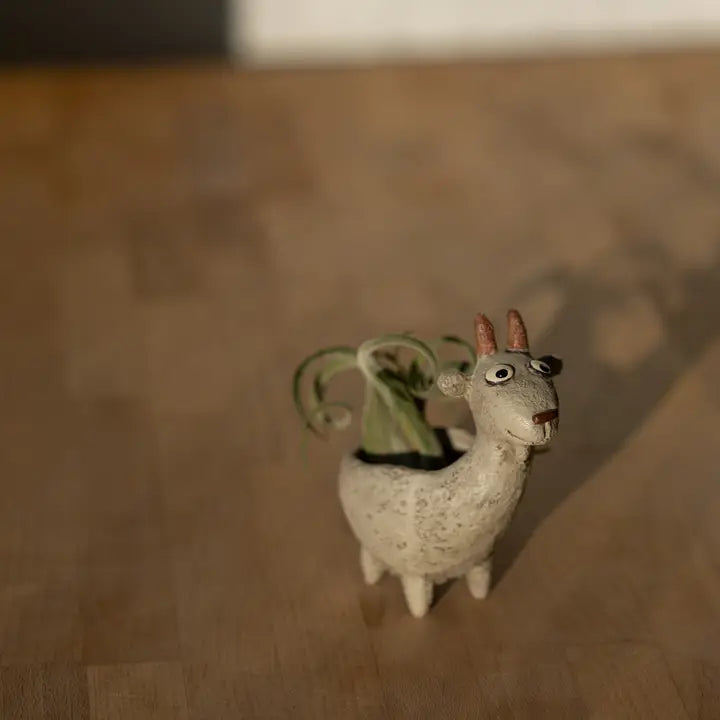 Decorative goat-shaped planter pot with a plant on a wooden surface