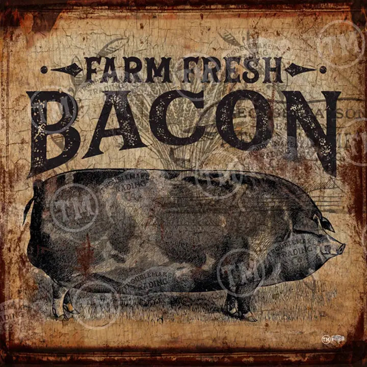 Vintage-style sign with a pig illustration and 'Farm Fresh Bacon' text on a textured background.
