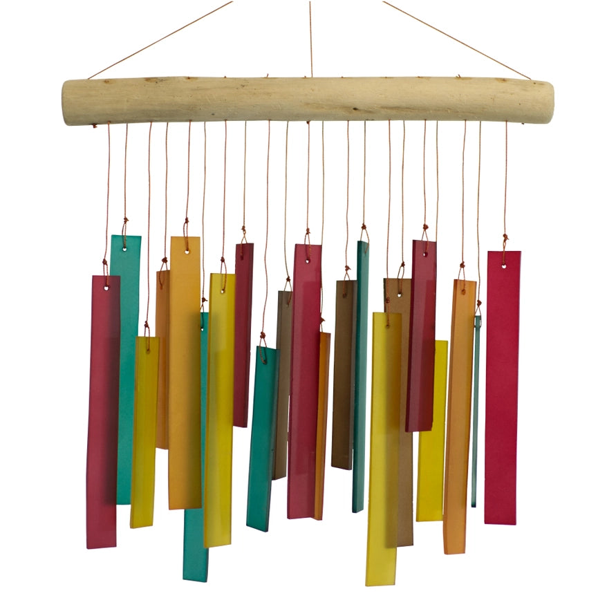 Colorful wind chime with wooden rod and hanging colorful rectangular plates on a white background