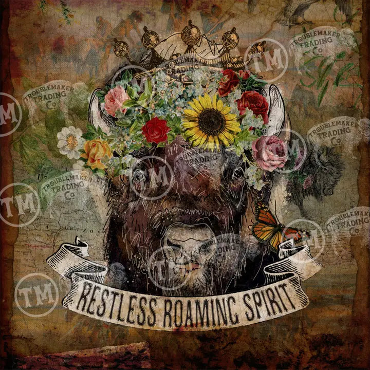 Rustic wall art of a cow with flowers and a banner reading 'Restless Roaming Spirit' on a textured background.