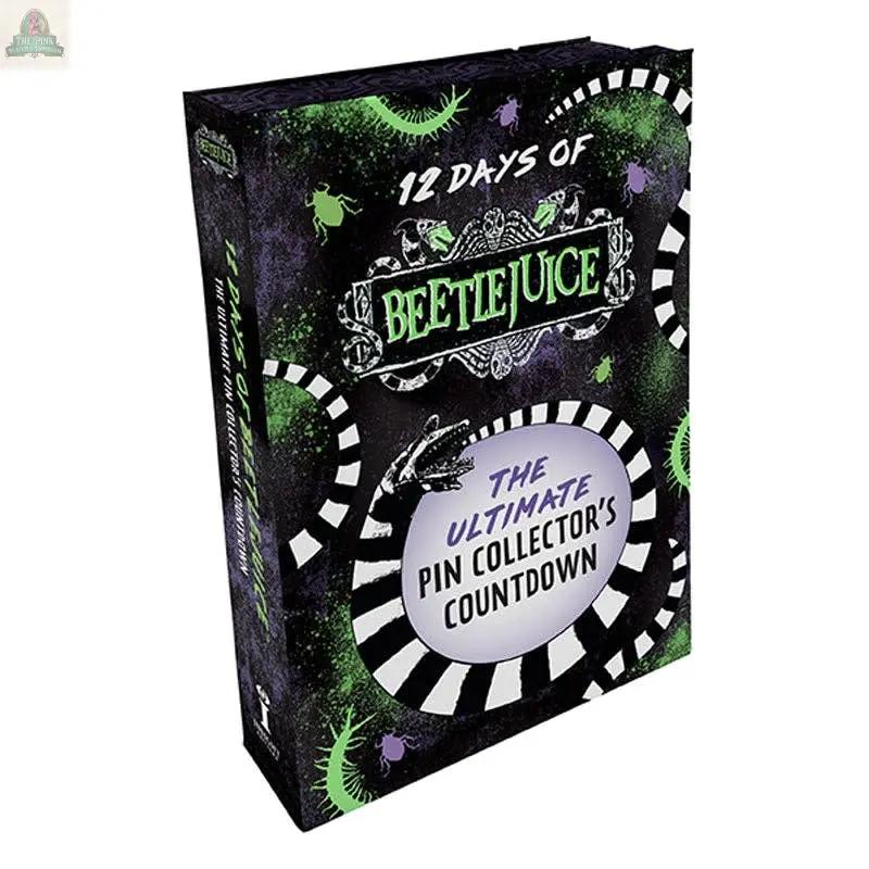The 12 Days of Beetlejuice Advent features spooky black, green, and white designs with insects and spirals—perfect as a Beetlejuice enamel pin countdown calendar or collector’s item.