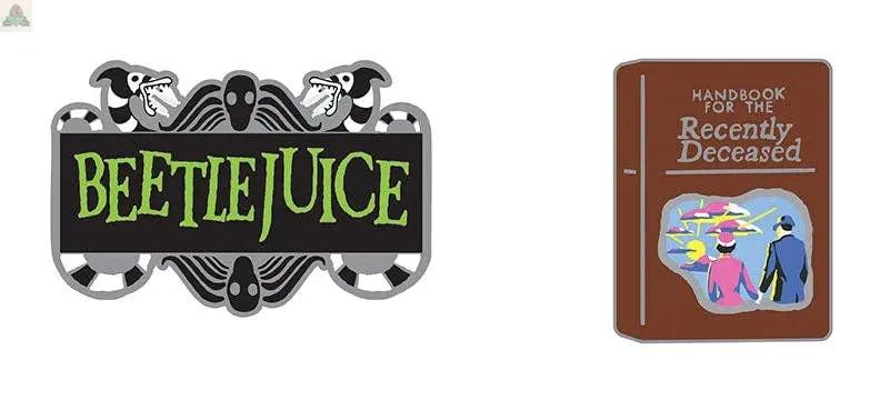 Two illustrations: left, a Beetlejuice sign with quirky black-and-white creatures; right, a brown "Handbook for the Recently Deceased"—a perfect pairing for fans of the 12 Days of Beetlejuice Advent gift set.
