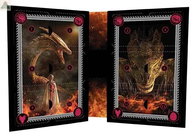 The 12 Days of House of the Dragon Advent Calendar features a dragon, a red-caped figure, and fiery dragon close-up with numbered doors—ideal for fans collecting House of the Dragon enamel pins.