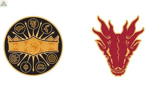 A circular emblem with gold symbols and a crown on the left, and a stylized red dragon head logo on the right, both on a white background—ideal for the 12 Days of House of the Dragon Advent Calendar collectors.