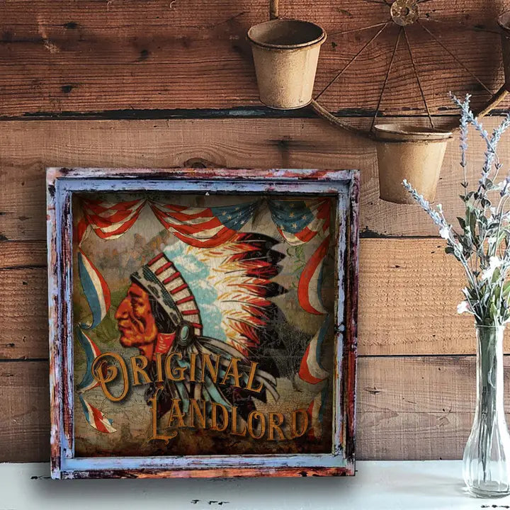 Vintage-style sign with Native American design and 'Original Landlord' text on a wooden wall.