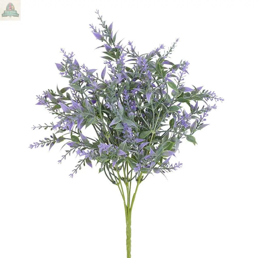 The 13" Plastic Lavender Bush features green leaves and small purple blossoms on a single stem, making it perfect for decorative arrangements. Sold by the case of 12, it’s great for adding a touch of nature to any space.