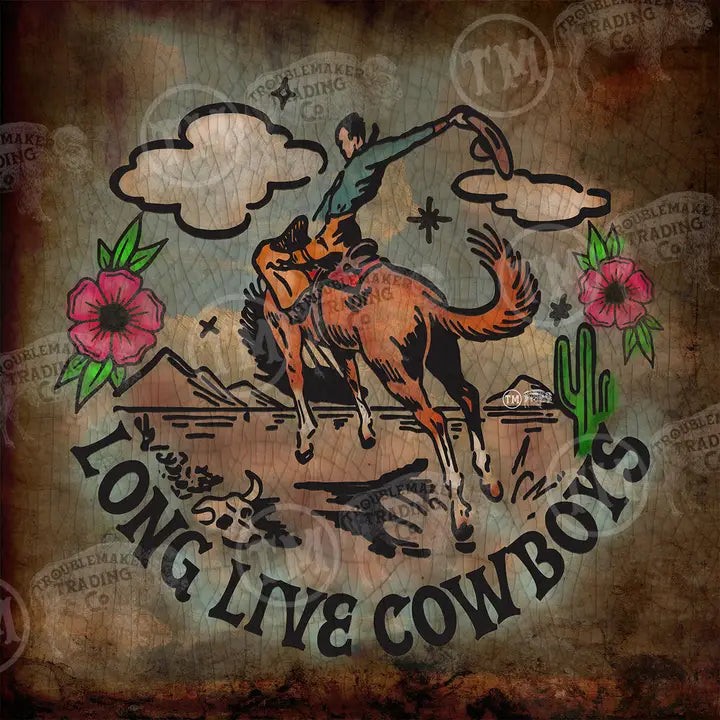 Vintage-style western wall art with a cowboy riding a bucking bronco, surrounded by flowers and text on a textured background.