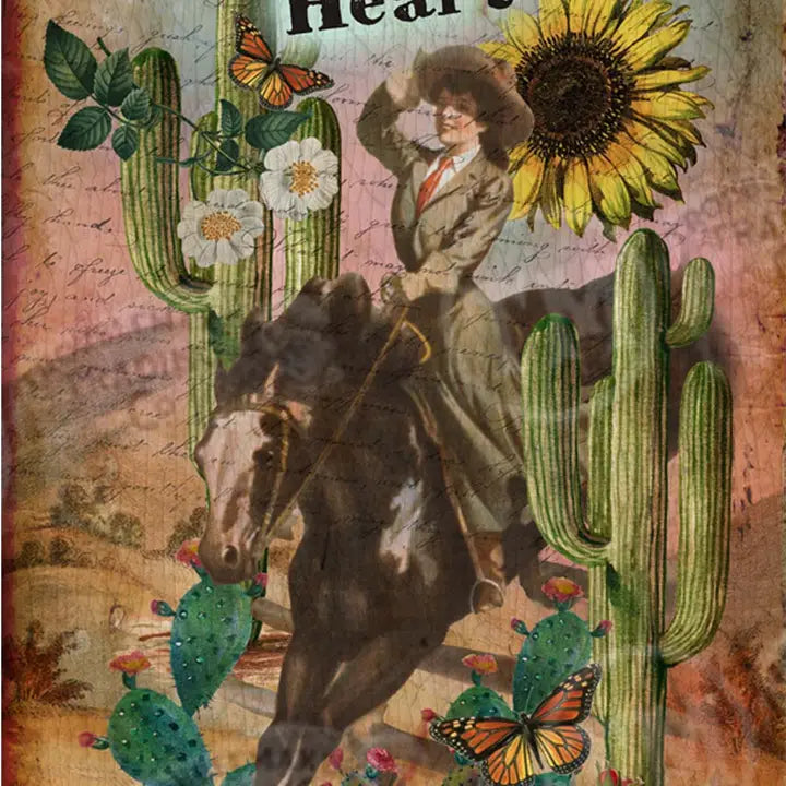 Vintage-style western wall art of a woman riding a horse with cacti, sunflowers, and butterflies on a textured background.